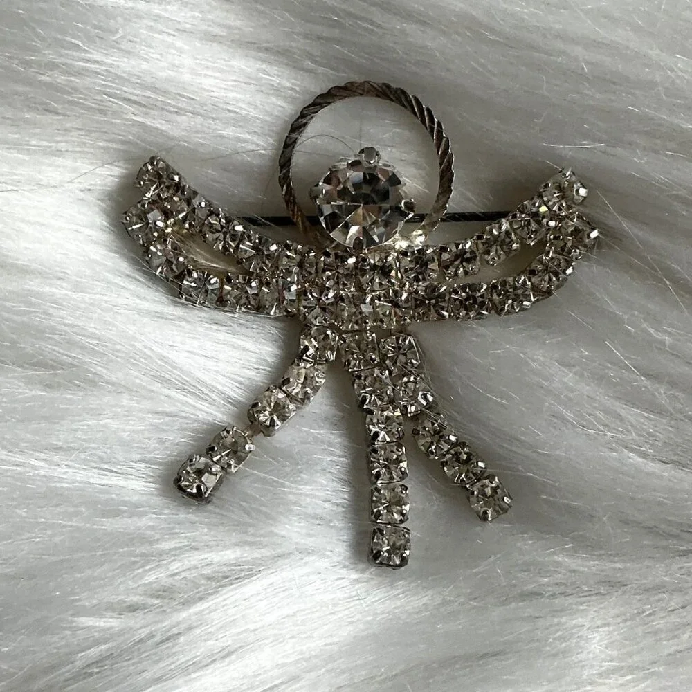 VINTAGE RHINESTONE SILVER ANGEL BROUCH